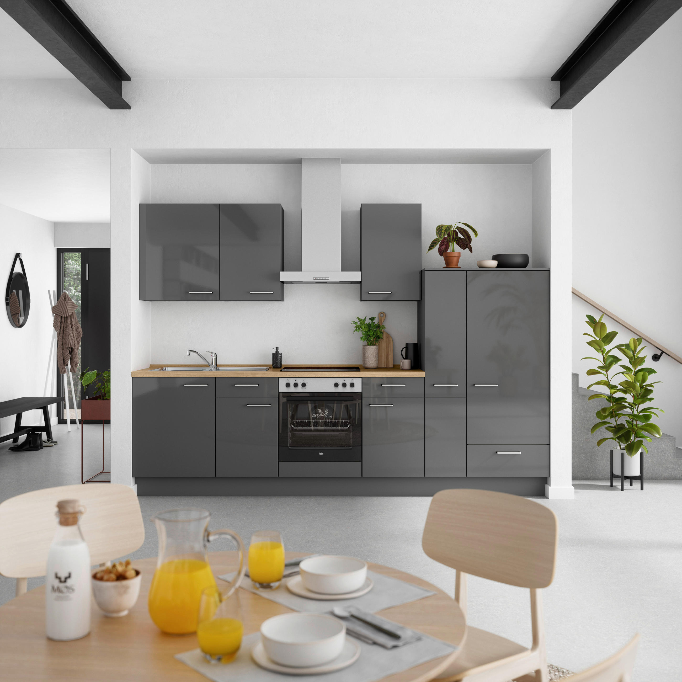 KÜCHENBLOCK Flash 300 cm  in Eichefarben, Schieferfarben  - Schieferfarben/Edelstahlfarben, MODERN, Holzwerkstoff/Metall (300cm) - Nobilia