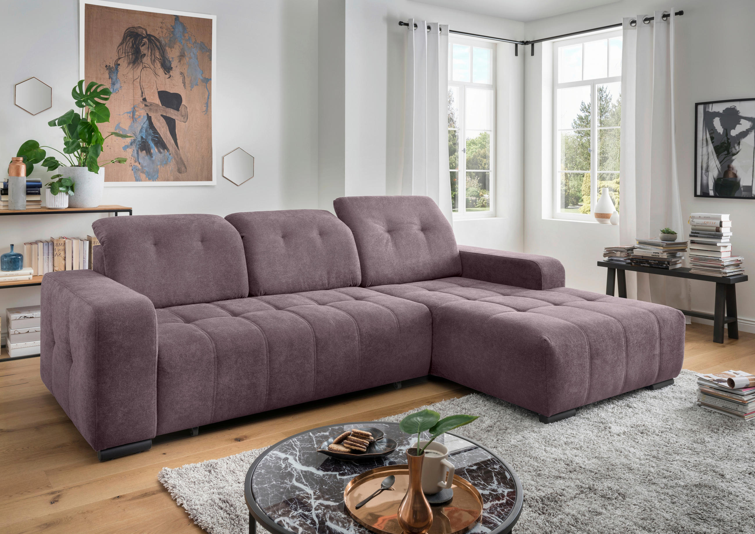 ECKSOFA VICARI in Mikrofaser Bordeaux  292/185 cm  - Bordeaux/Schwarz, MODERN, Textil/Metall (292/185cm) - Livetastic