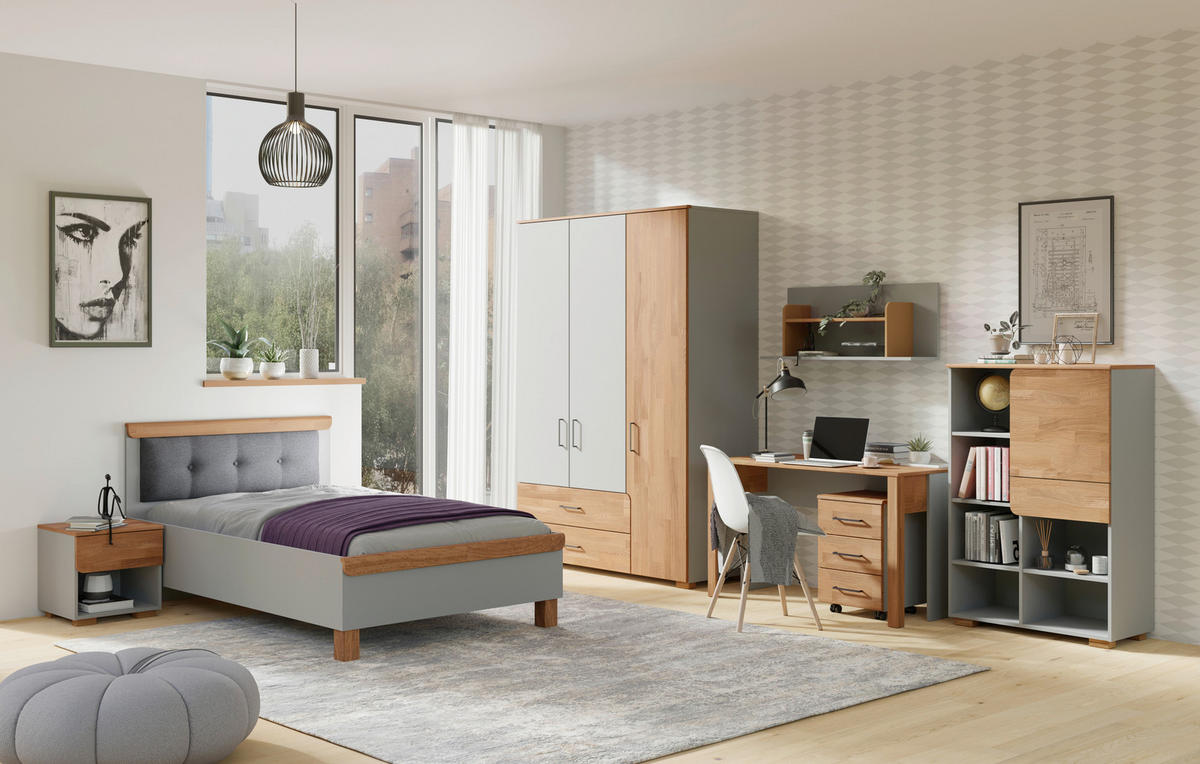 DREHTÜRENSCHRANK 3-türig Eiche massiv Grau, Eichefarben  - Eichefarben/Silberfarben, KONVENTIONELL, Holz/Holzwerkstoff (145/212/60cm) - Cantus