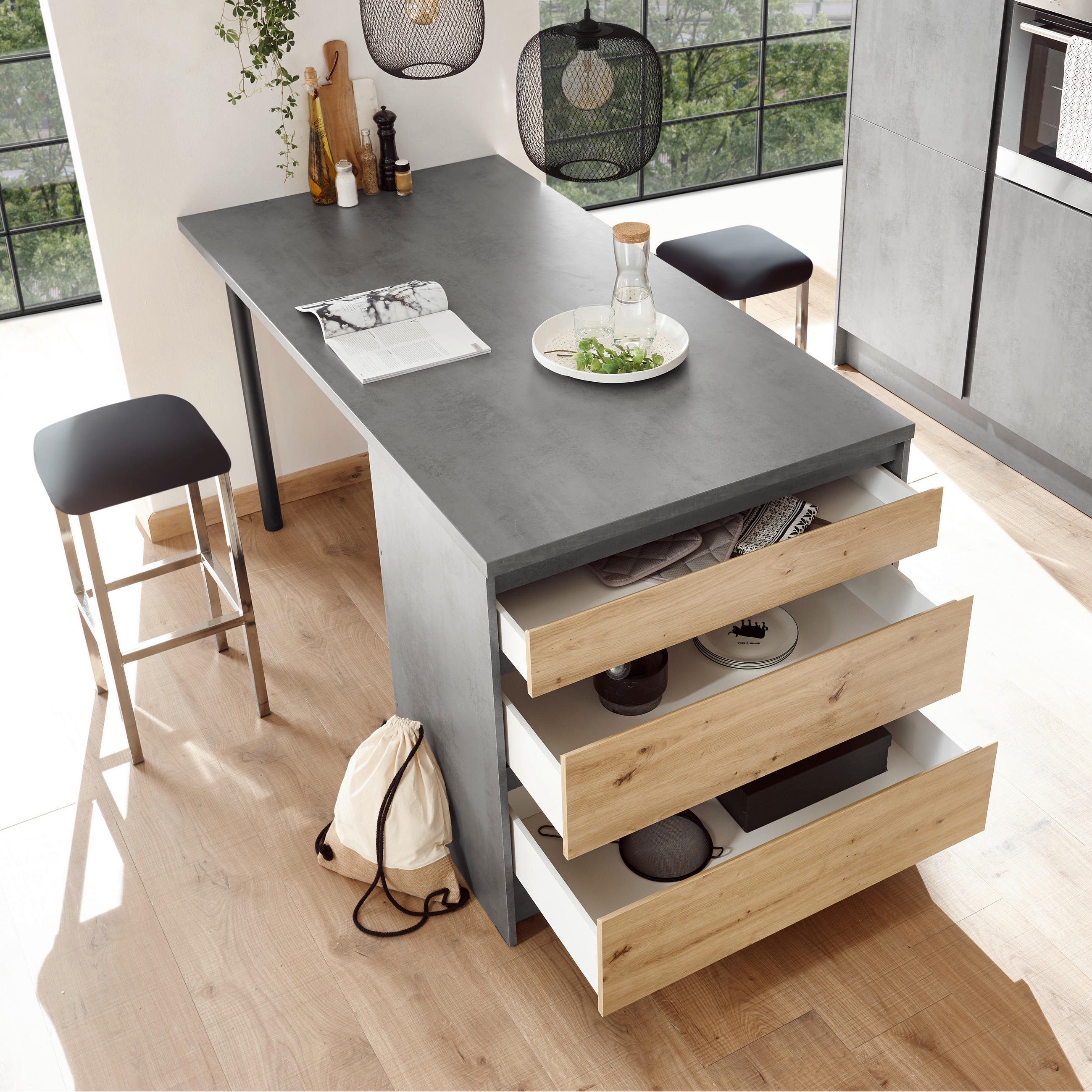 KUHINJSKO OSTRVO antracit, boja hrasta - boja hrasta/antracit, Moderno, pločasti materijal (180/90/90cm) - Modern Living