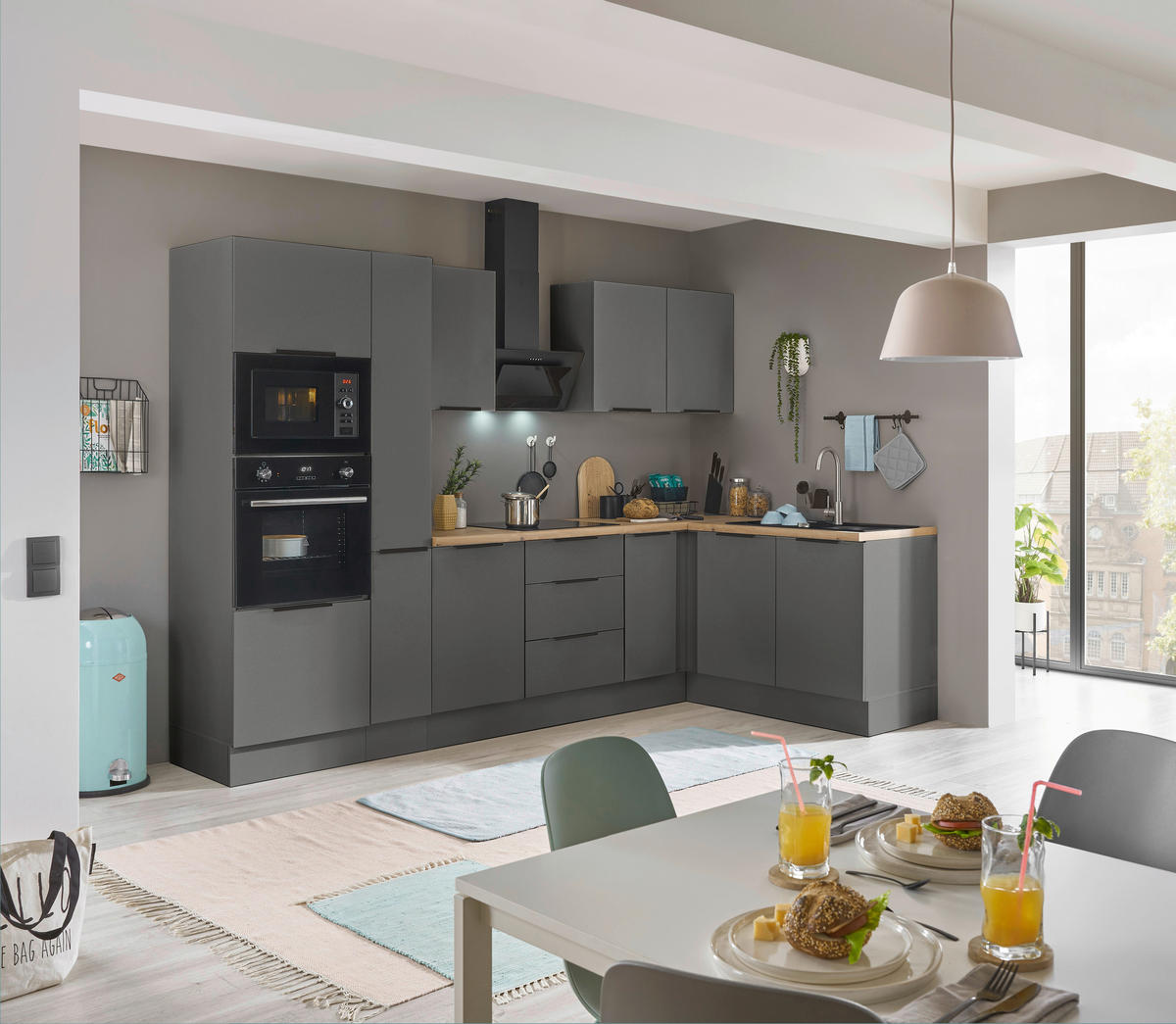 ECKKÜCHE 300/165 cm  in Graphitfarben  - Schwarz/Graphitfarben, Basics, Holzwerkstoff/Metall (300/165cm) - Carryhome