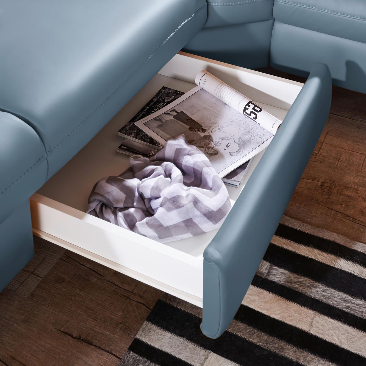 ECKSOFA in Echtleder Blau  239/271 cm  - Blau/Alufarben, Design, Leder/Metall (239/271cm) - Cantus