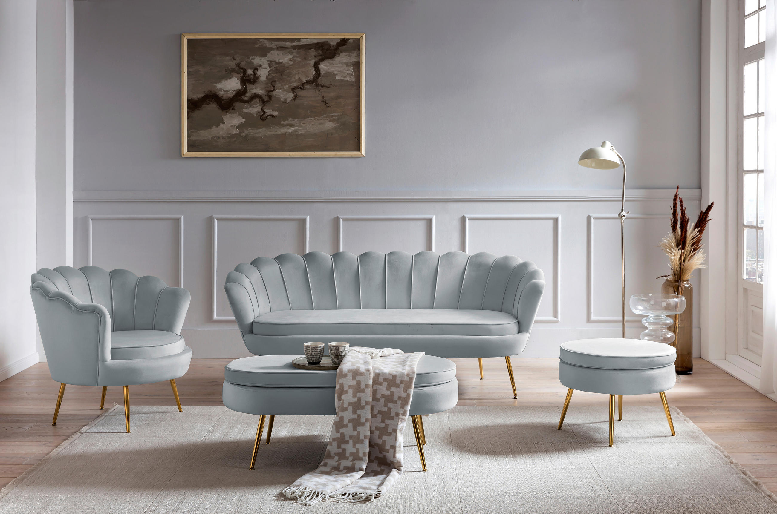 3-SITZER-SOFA in Samt Hellgrau - Goldfarben/Hellgrau, MODERN, Textil/Metall (180/78/76cm) - Livetastic