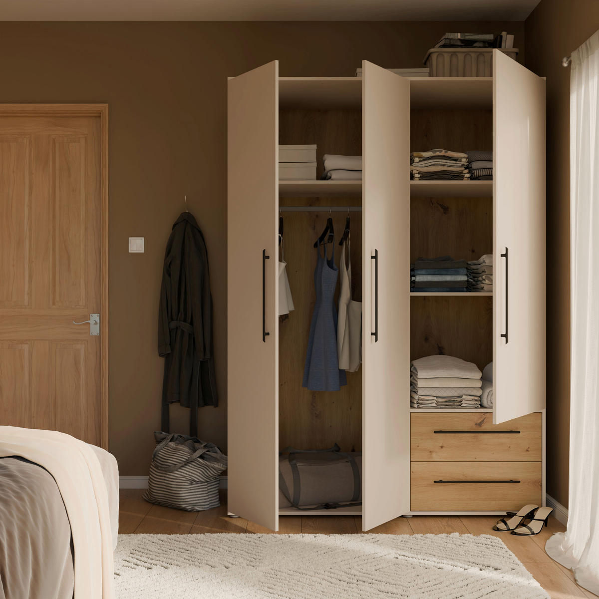 KLEIDERSCHRANK 144/200/59 cm,  in Sandfarben, Eiche Artisan, 3 Tür(en)  - Sandfarben/Schwarz, KONVENTIONELL, Holzwerkstoff/Kunststoff (144/200/59cm) - Milino