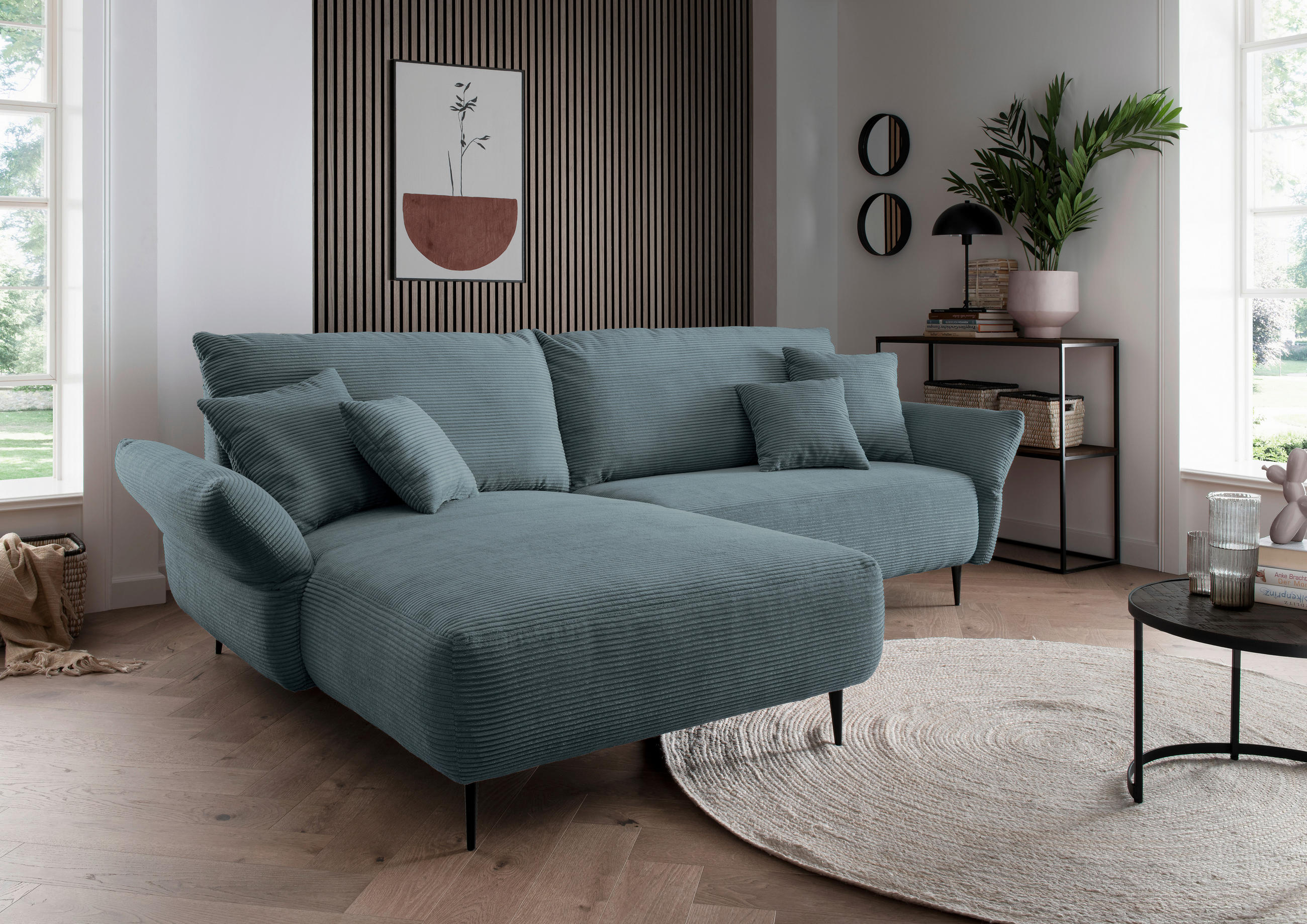 ECKSOFA in Cord Petrol  - Petrol/Schwarz, Design, Textil/Metall (178/264-302cm) - Livetastic