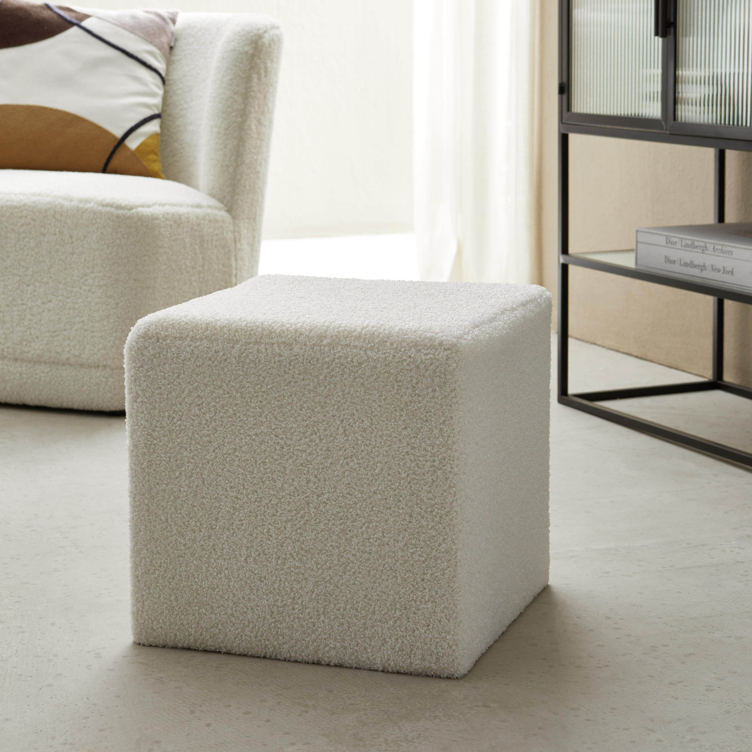 HOCKER Fleece, Bouclé, Teddystoff Weiß  - Schwarz/Weiß, MODERN, Kunststoff/Textil (40/40/40cm) - Novel