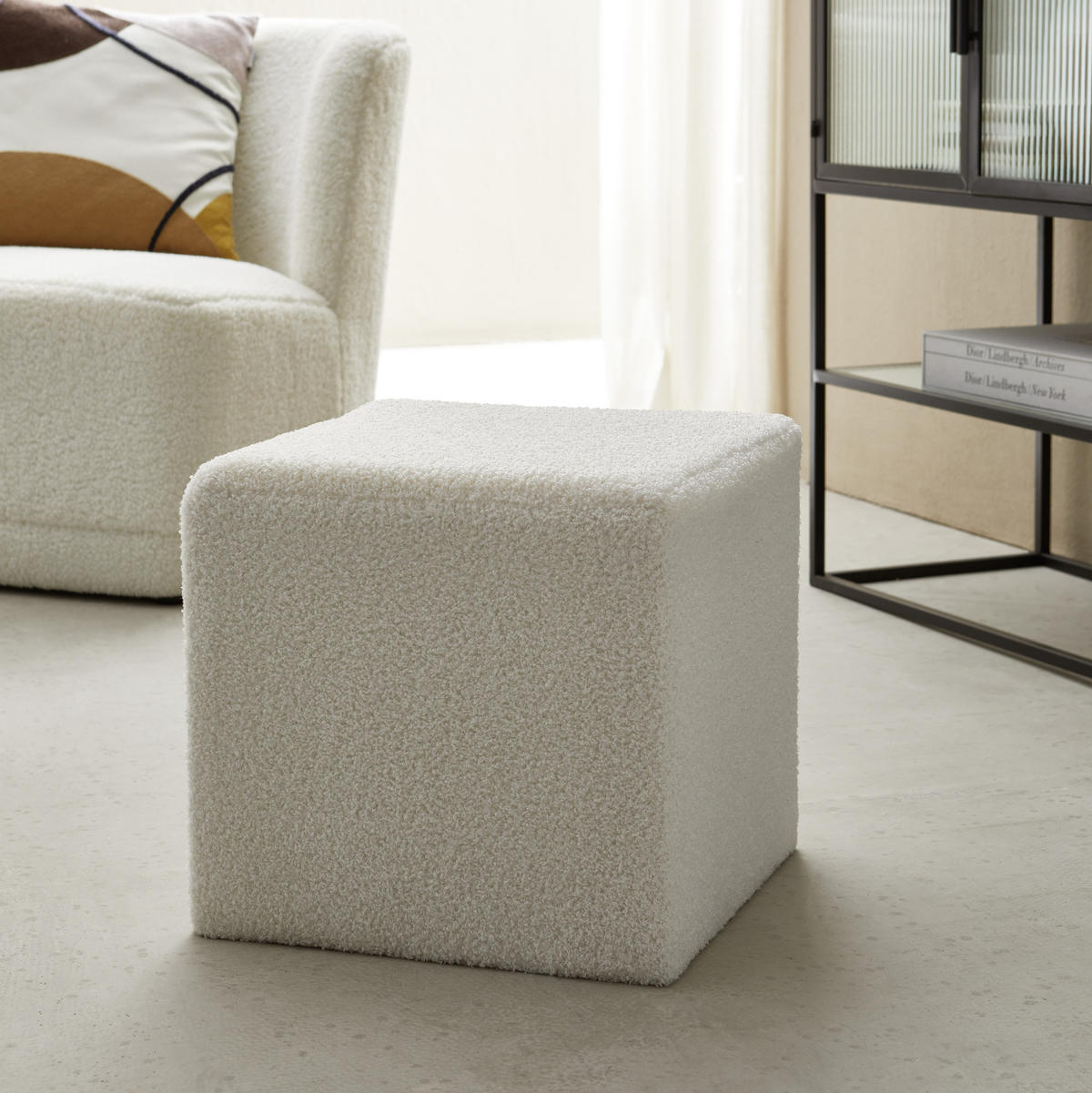 HOCKER Fleece, Bouclé, Teddystoff Weiß  - Schwarz/Weiß, MODERN, Kunststoff/Textil (40/40/40cm) - Novel