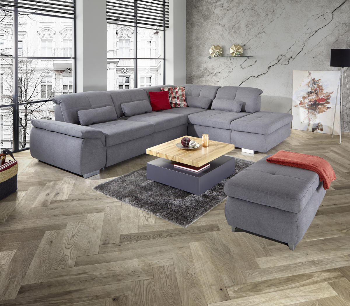 WOHNLANDSCHAFT in Mikrofaser, Chenille Grau  - Chromfarben/Grau, Modern, Textil/Metall (315/260cm) - Livetastic