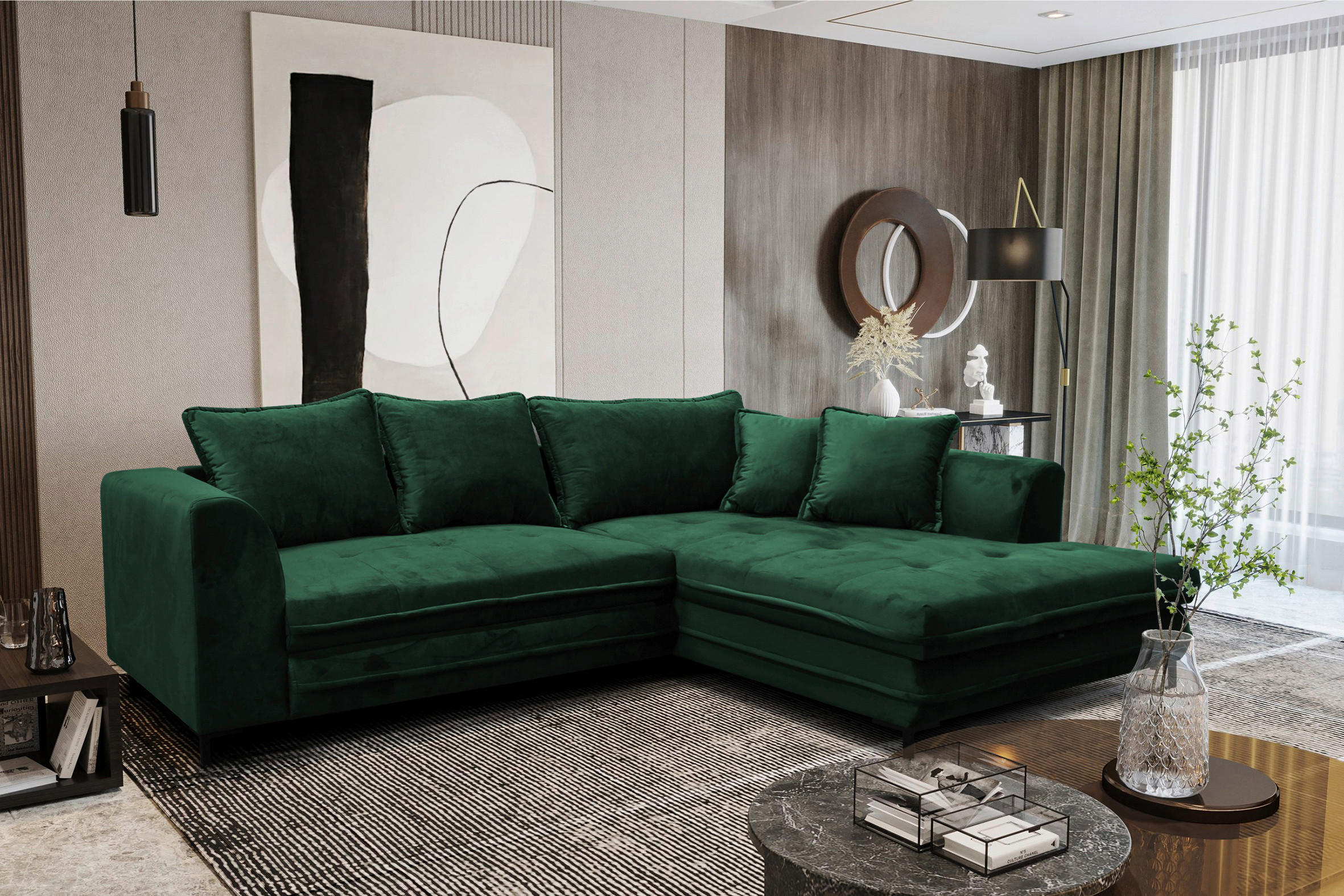 ECKSCHLAFSOFA Velours Grün  - Schwarz/Grün, Design, Textil/Metall (277/187cm) - Livetastic