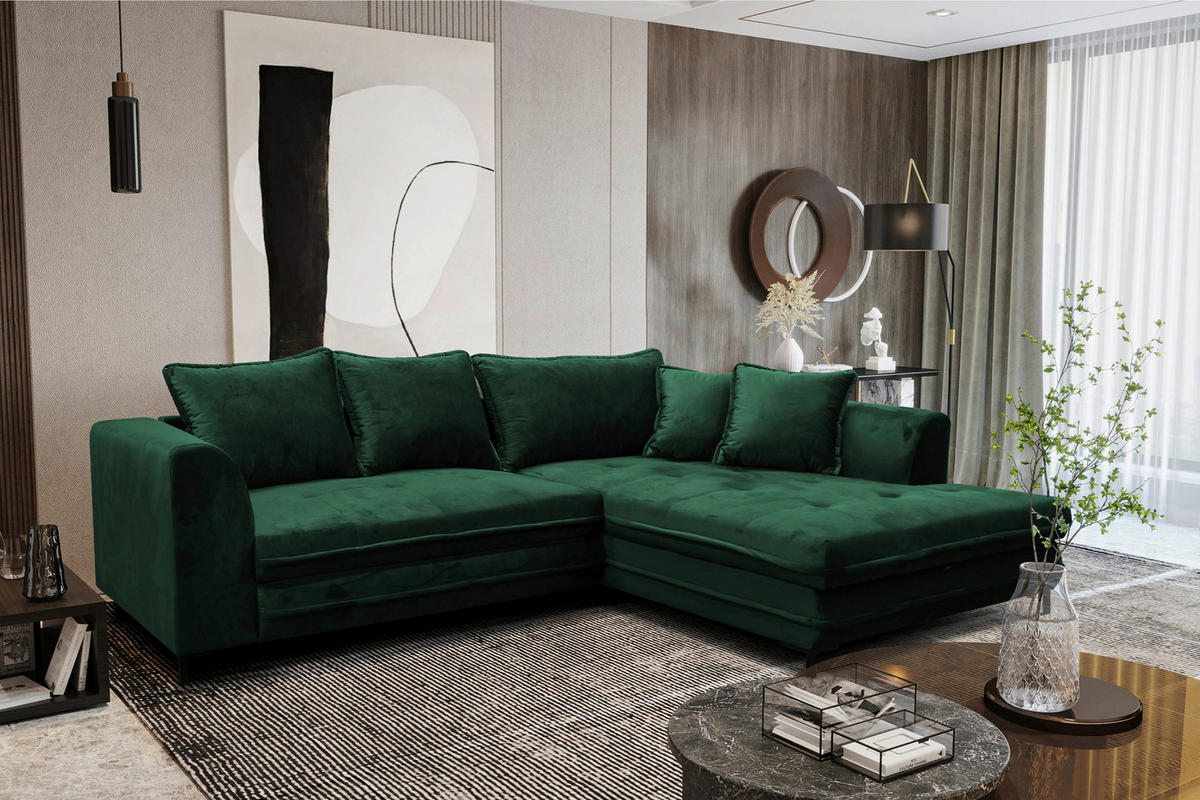 ECKSCHLAFSOFA  mit Armteil rechts, Rücken echt Velours Grün  - Schwarz/Grün, Design, Textil/Metall (277/187cm) - Livetastic