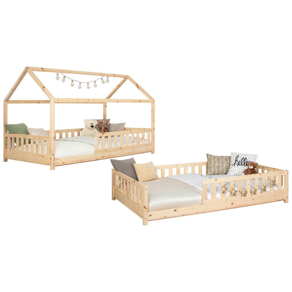 Thumbnail - Mid.you Hausbett, Natur, Holz, Kiefer, Schichtholz,massiv, Höhe ca. 20 cm, 140x200 cm, bodentiefer Einstieg, Kinder- & J...