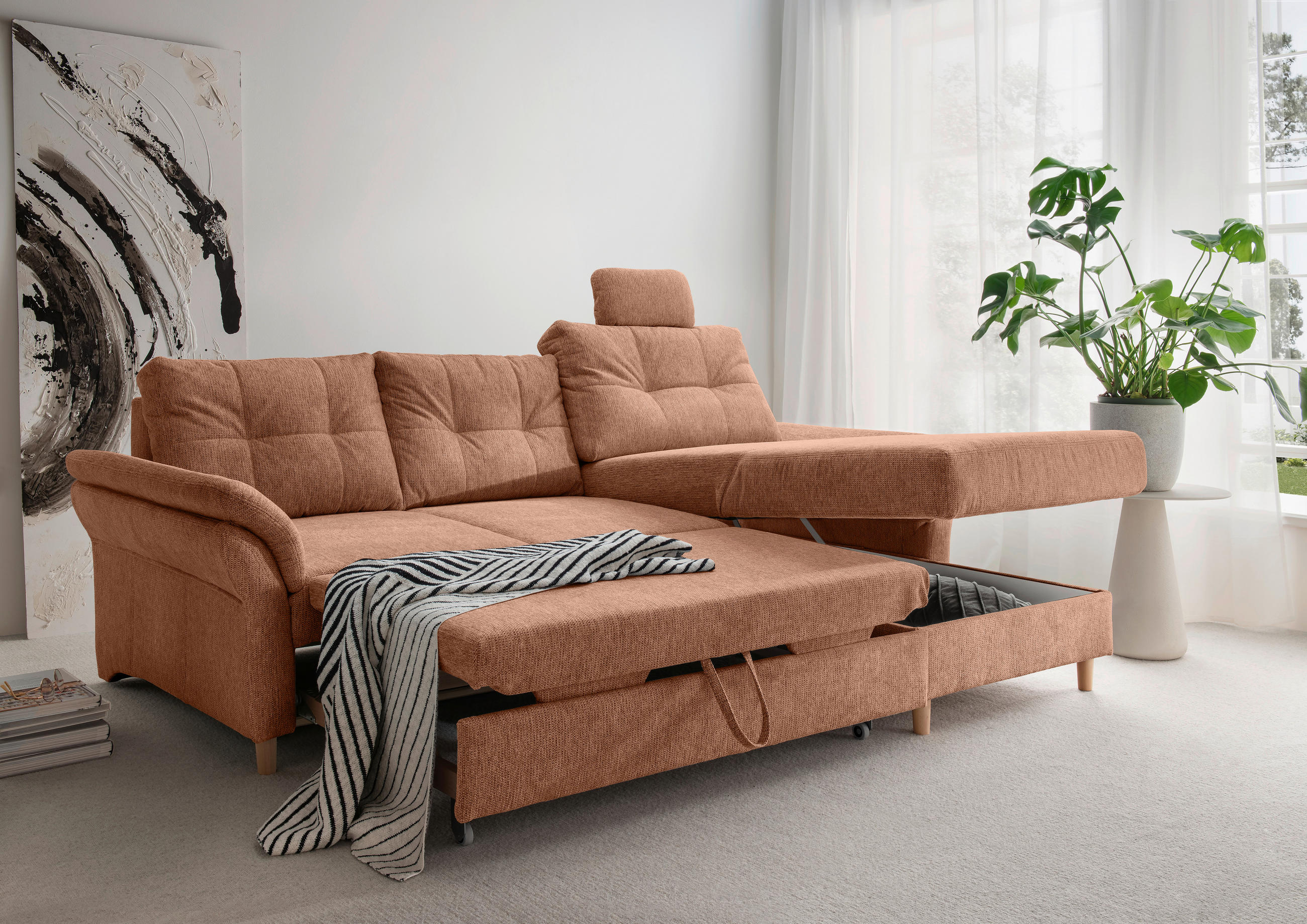 ECKSOFA in Chenille Koralle  - Koralle/Naturfarben, MODERN, Holz/Textil (250/176cm) - Livetastic