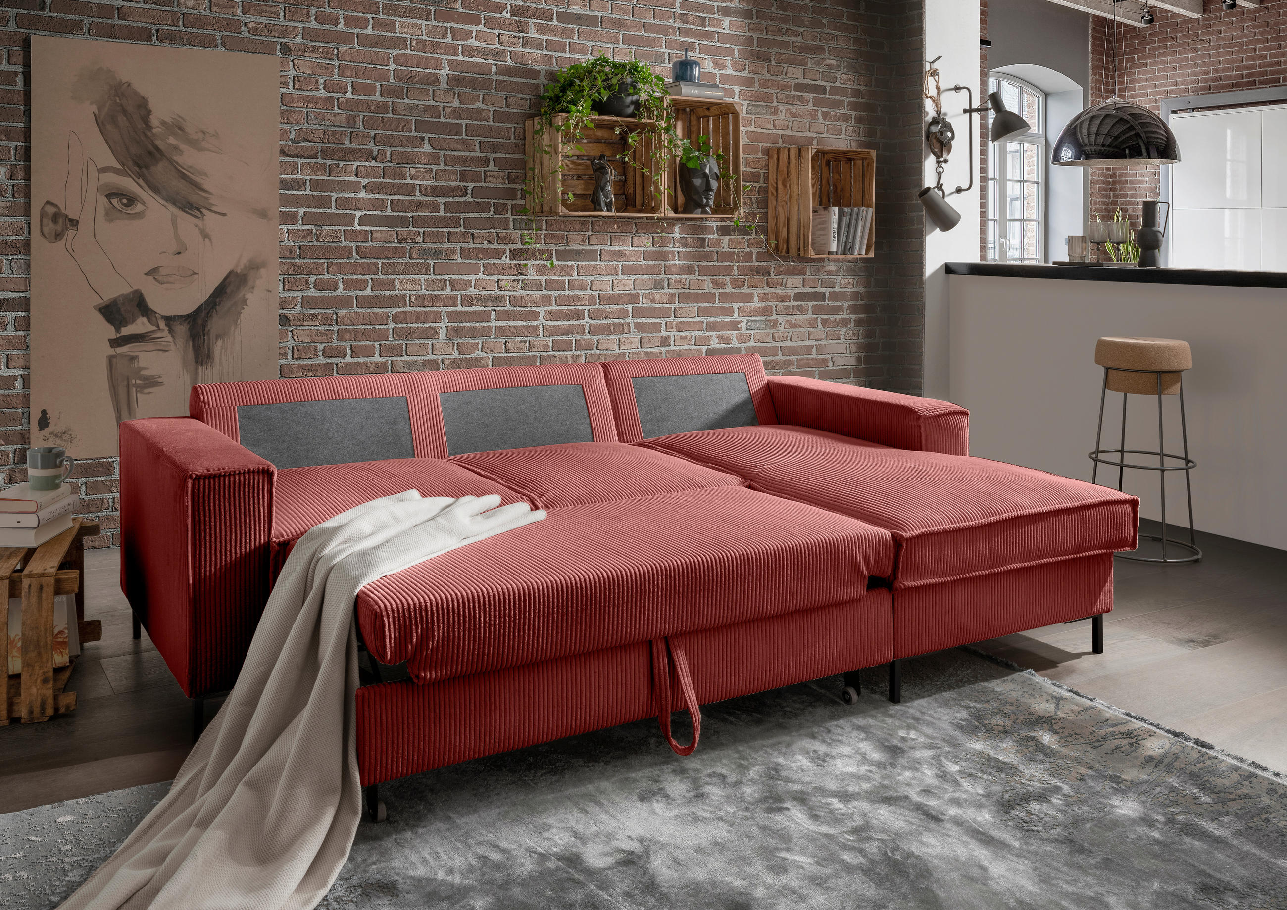 ECKSOFA Koralle Cord  - Koralle/Schwarz, MODERN, Textil/Metall (240/150cm) - Livetastic