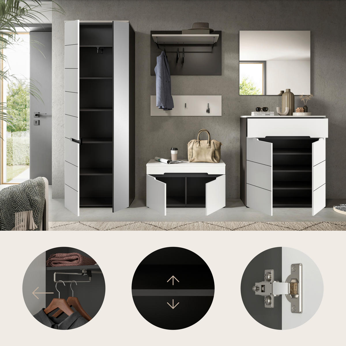 ELŐSZOBAFAL - fehér/szürke, Design, faalapú anyag (265/190/37cm) - Livetastic