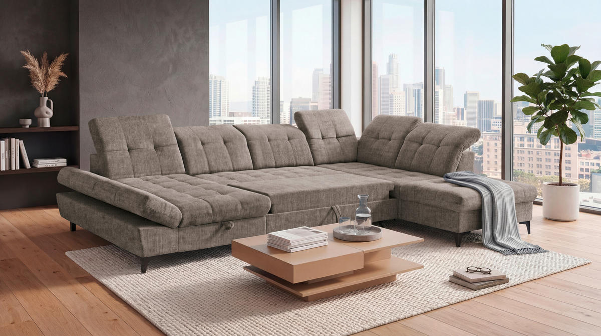 WOHNLANDSCHAFT MERCY Braun Mikrovelours  - Schwarz/Braun, MODERN, Kunststoff/Textil (169/348/245cm) - MID.YOU