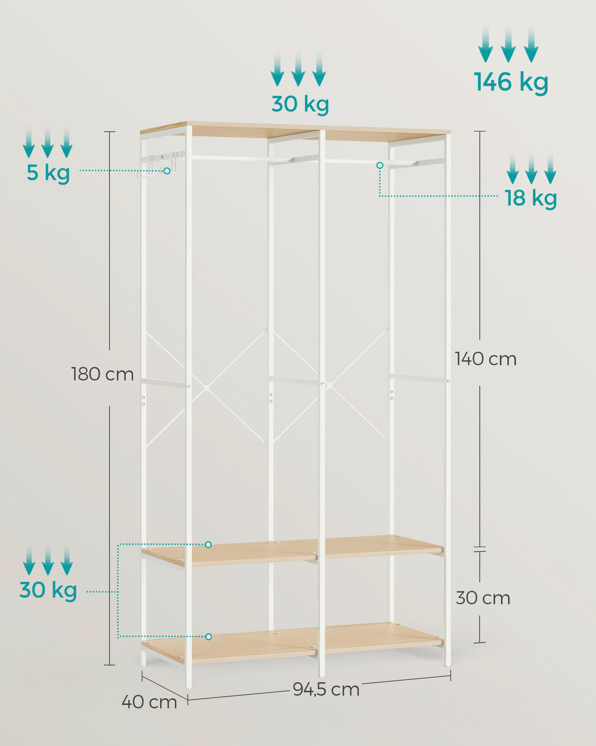 KLEIDERSCHRANK  in Weiß, Eiche Bianco  - Eiche Bianco/Weiß, Basics, Holzwerkstoff/Metall (94,5/180/40cm)