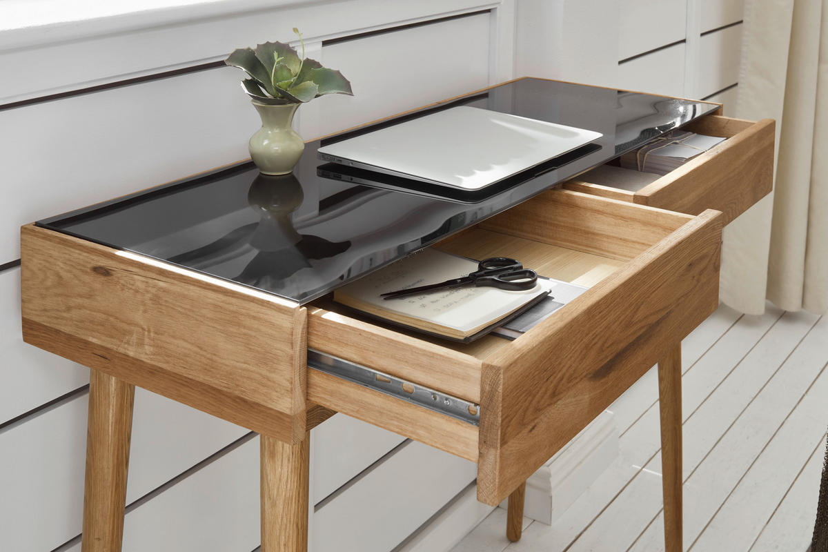 KONSOLENTISCH Eiche furniert Schwarz, Eichefarben  - Eichefarben/Schwarz, Natur, Glas/Holz (100cm)