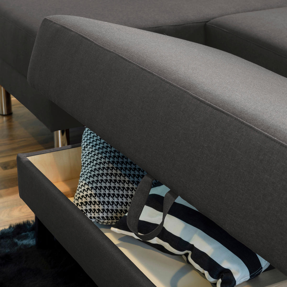 ECKSCHLAFSOFA inkl. Hocker in Anthrazit Textil   - Chromfarben/Anthrazit, Konventionell, Textil/Metall (152/230cm) - Max Winzer