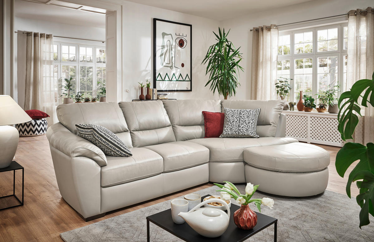 ECKSOFA  in Kombination Echtleder/Lederlook Greige  273/194 cm  - Wengefarben/Greige, KONVENTIONELL, Leder/Holz (273/194cm) - Livetastic