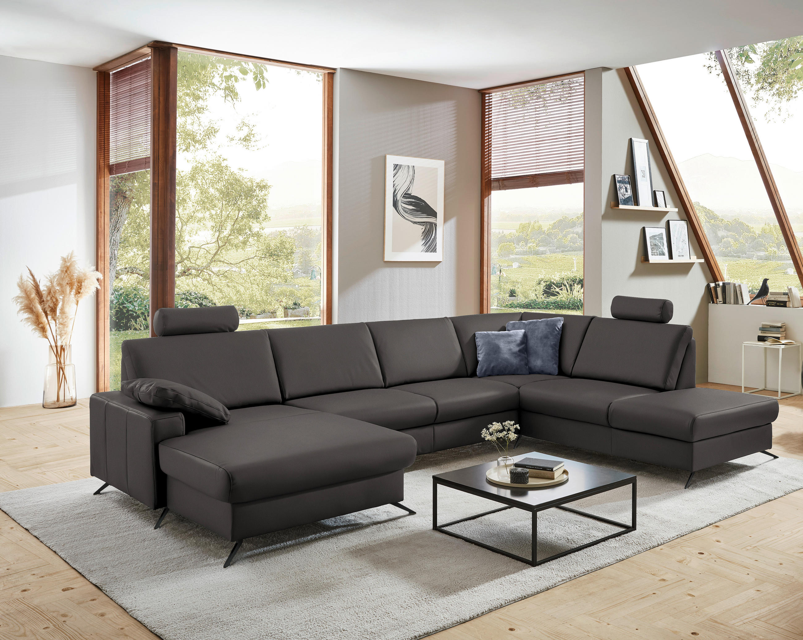 WOHNLANDSCHAFT in Echtleder Dunkelgrau  - Dunkelgrau/Schwarz, Design, Leder/Metall (165/339/233cm) - Beldomo Premium