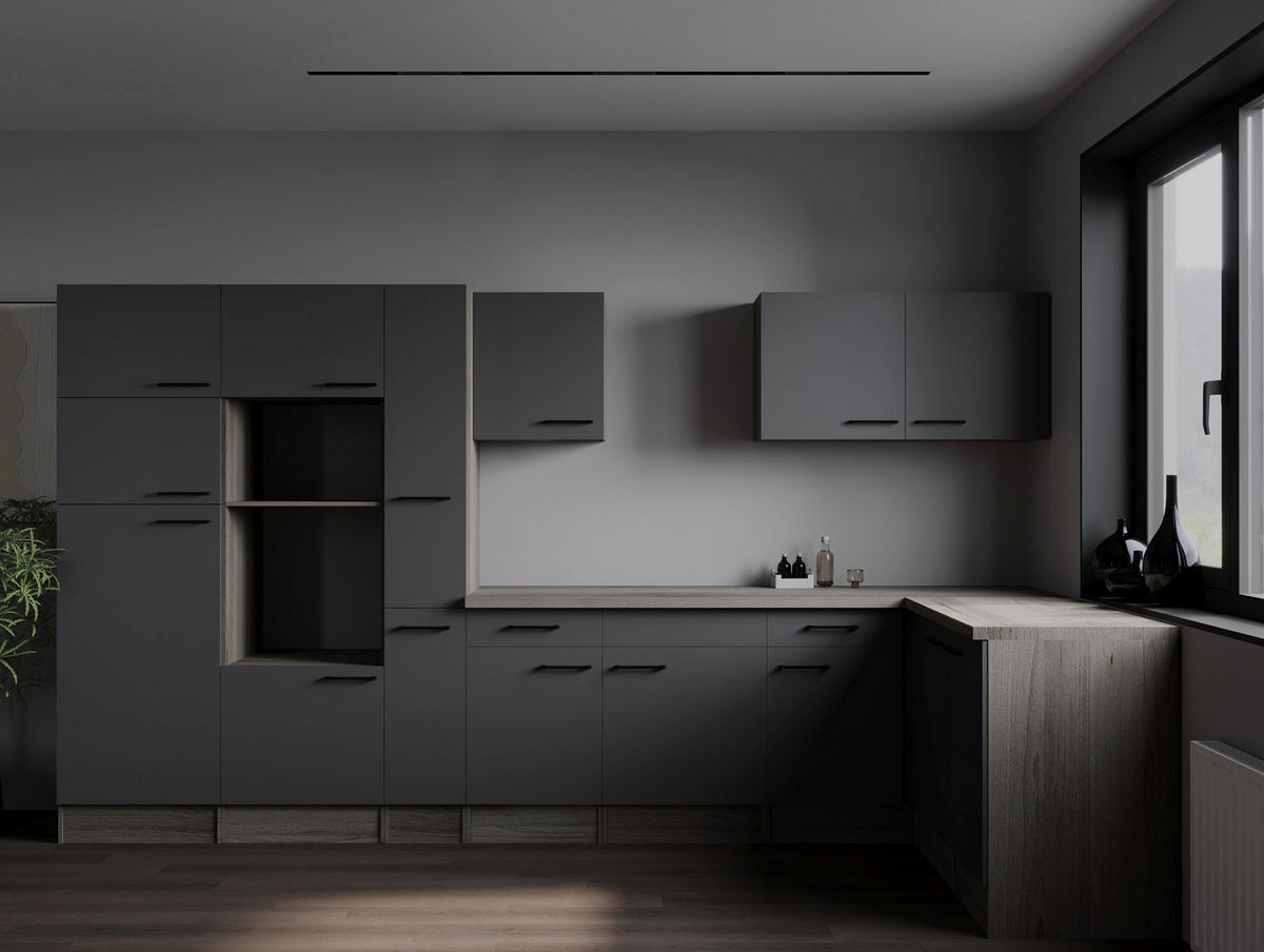 ECKKÜCHE 370/172 cm  in Grau, Eichefarben  - Eichefarben/Schwarz, Design, Holzwerkstoff/Metall (370/172cm) - Respekta