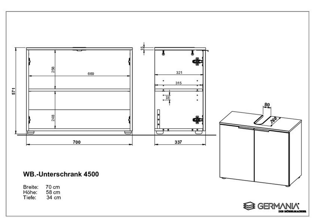 WASCHBECKENUNTERSCHRANK 70/58/34 cm  - Eichefarben/Schwarz, MODERN, Holzwerkstoff/Kunststoff (70/58/34cm) - Germania