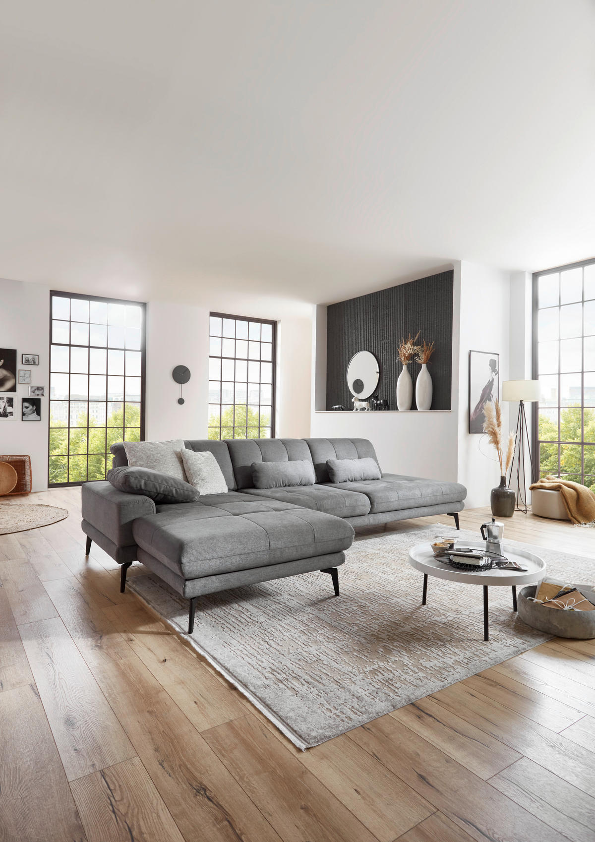ECKSOFA in Flachgewebe Grau  - Schwarz/Grau, Design, Textil/Metall (190/309cm) - Beldomo Style