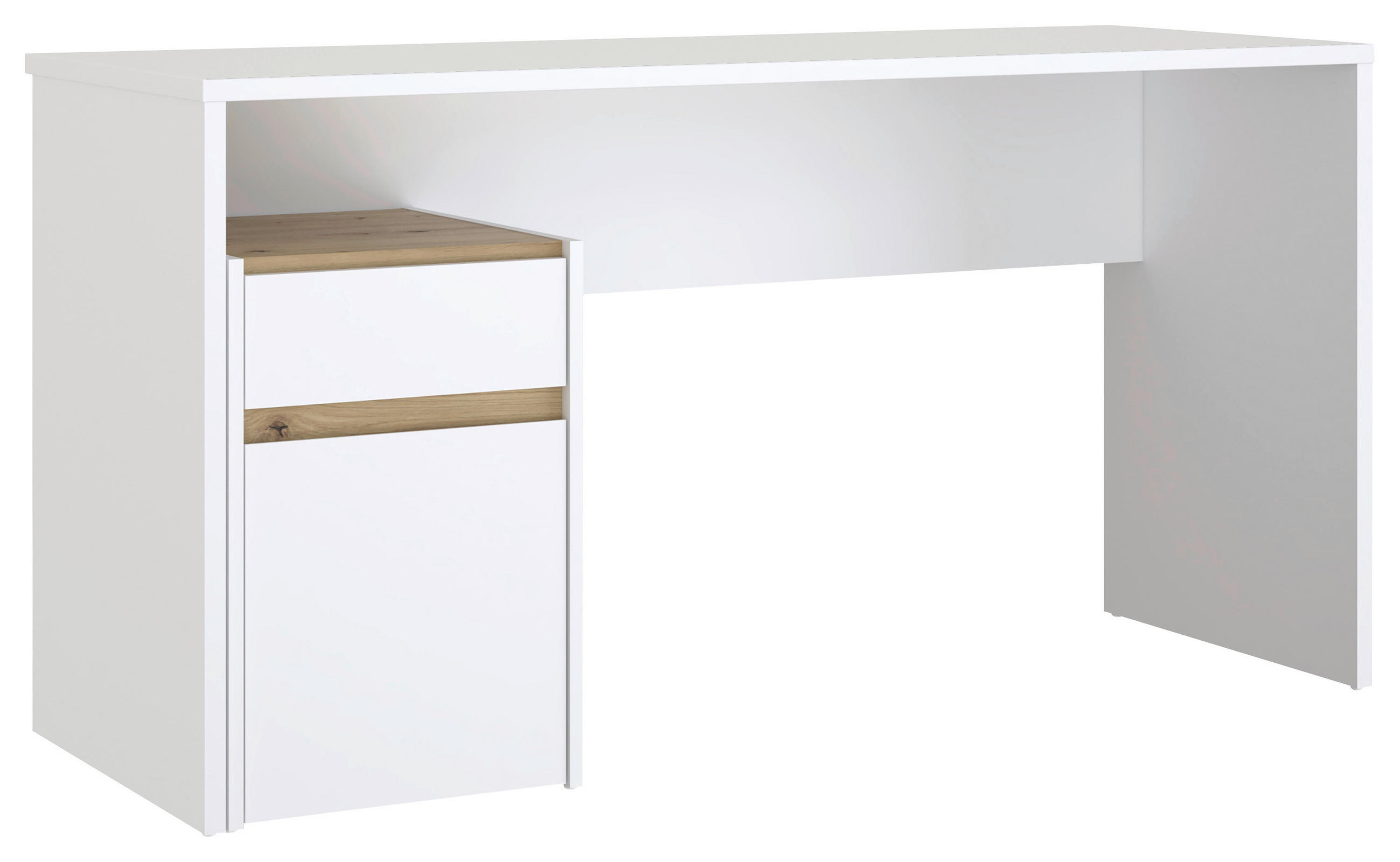 PISALNA MIZA umetna masa, leseni material bela, barve hrasta  - barve hrasta/bela, Moderno, umetna masa/leseni material (140/72,7/52,7cm) - Carryhome