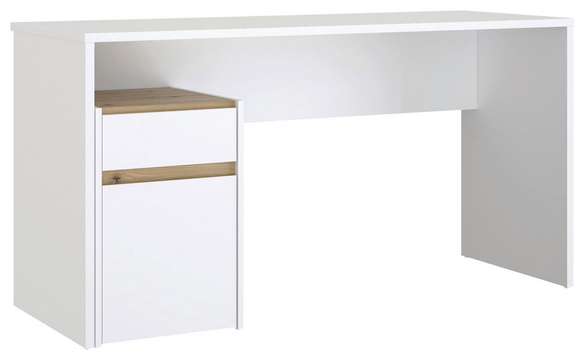 PISALNA MIZA umetna masa, leseni material bela, barve hrasta  - barve hrasta/bela, Moderno, umetna masa/leseni material (140/72,7/52,7cm) - Carryhome