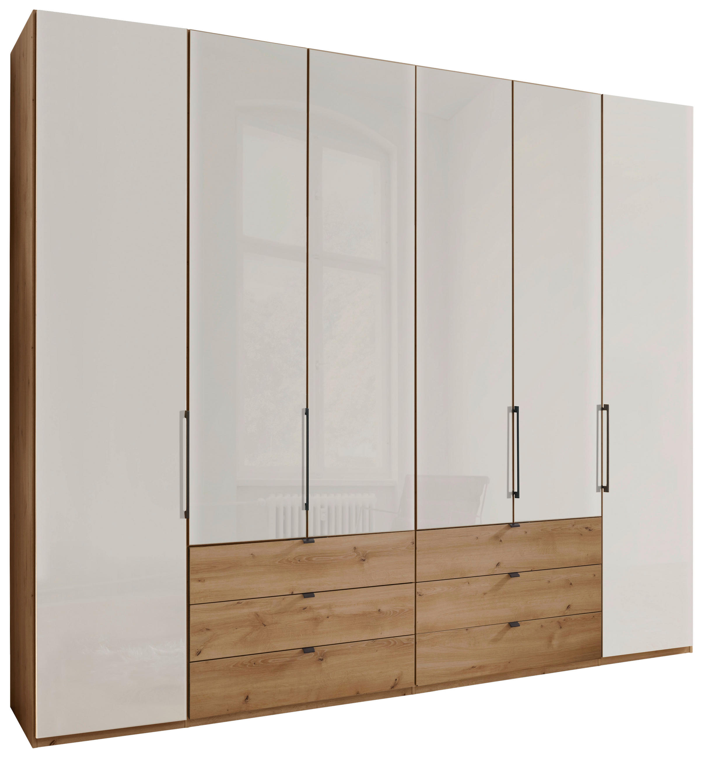 DREHTÜRENSCHRANK 250/236/58 cm 6-türig Champagner, Eiche Bianco  - Schieferfarben/Eiche Bianco, KONVENTIONELL, Glas/Holzwerkstoff (250/236/58cm) - Dieter Knoll