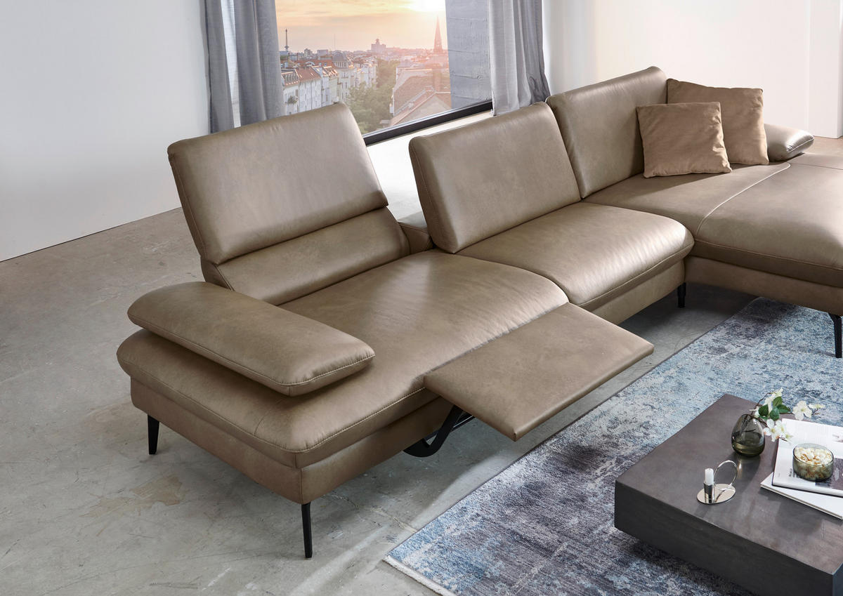 ECKSOFA in Echtleder Graubraun  - Graubraun/Schwarz, Design, Leder/Metall (157/325cm) - Dieter Knoll