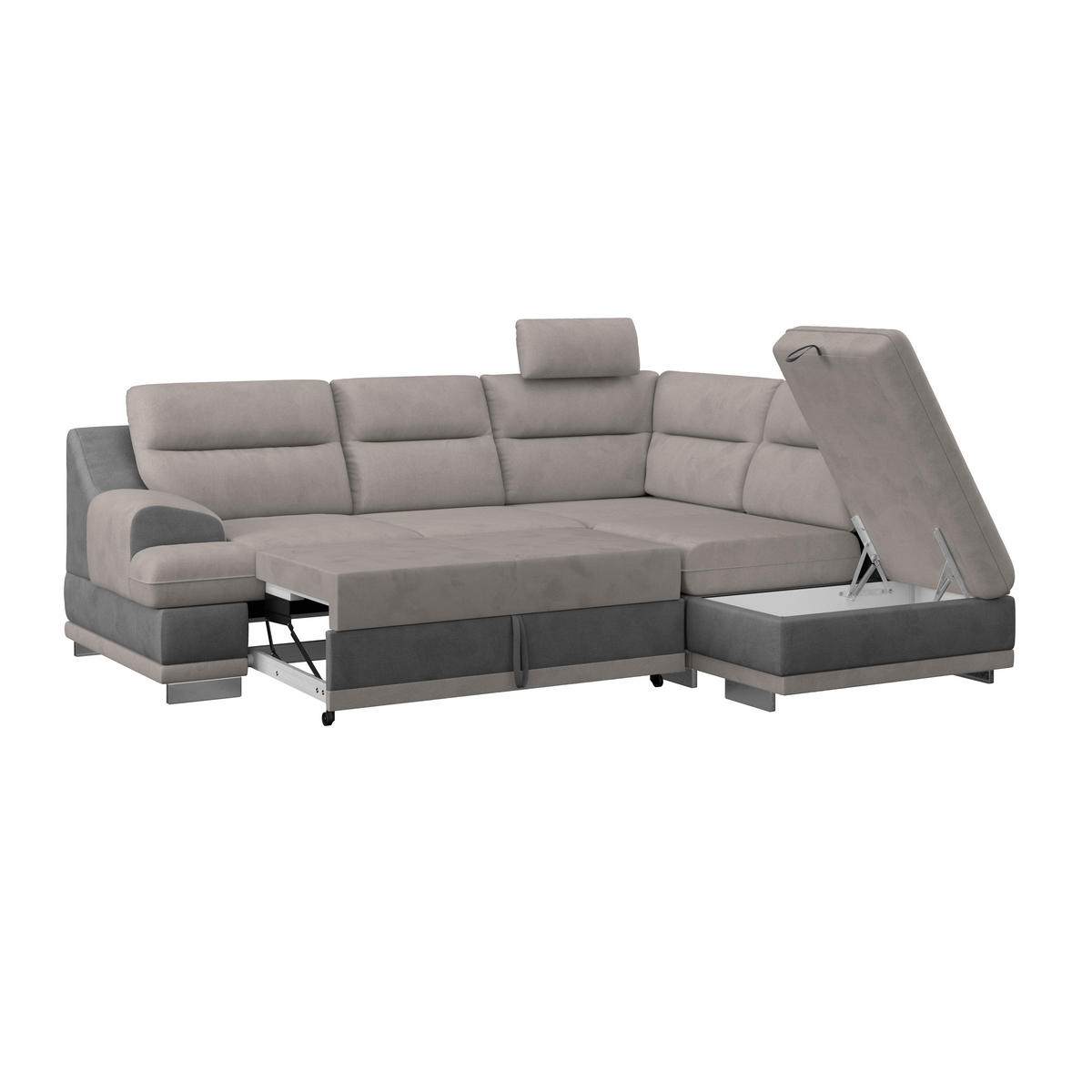 WOHNLANDSCHAFT Grau, Hellgrau Velours  - Chromfarben/Hellgrau, KONVENTIONELL, Textil/Metall (264/217cm) - MID.YOU