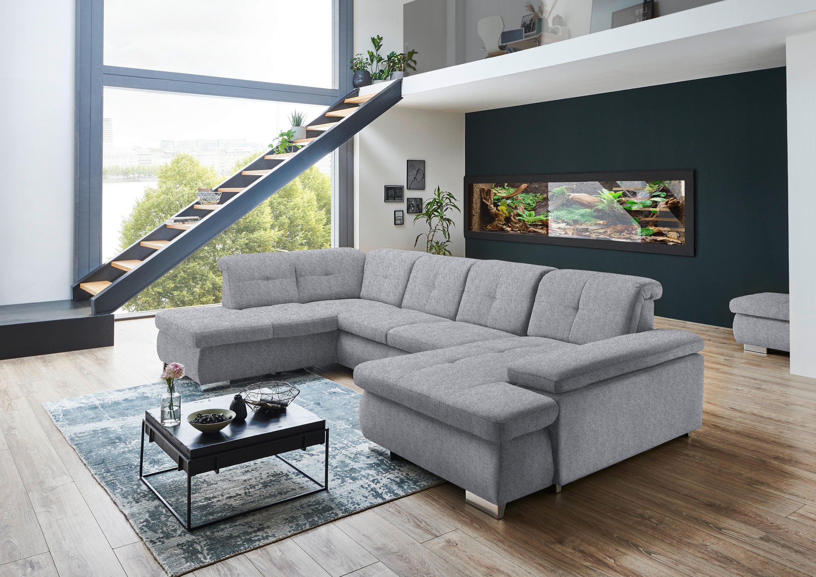 WOHNLANDSCHAFT Grau Webstoff  - Schwarz/Grau, Design, Textil/Metall (210/337/174cm) - Beldomo Style