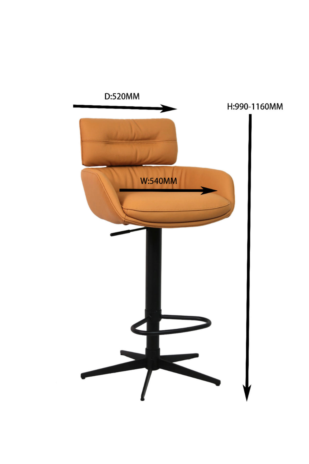 BARHOCKER Echtleder Schwarz, Cognac Eisen Lederauswahl, Sitzfläche 360° drehbar  - Cognac/Schwarz, Design, Leder/Metall (54/99-116.5/52cm) - Dieter Knoll