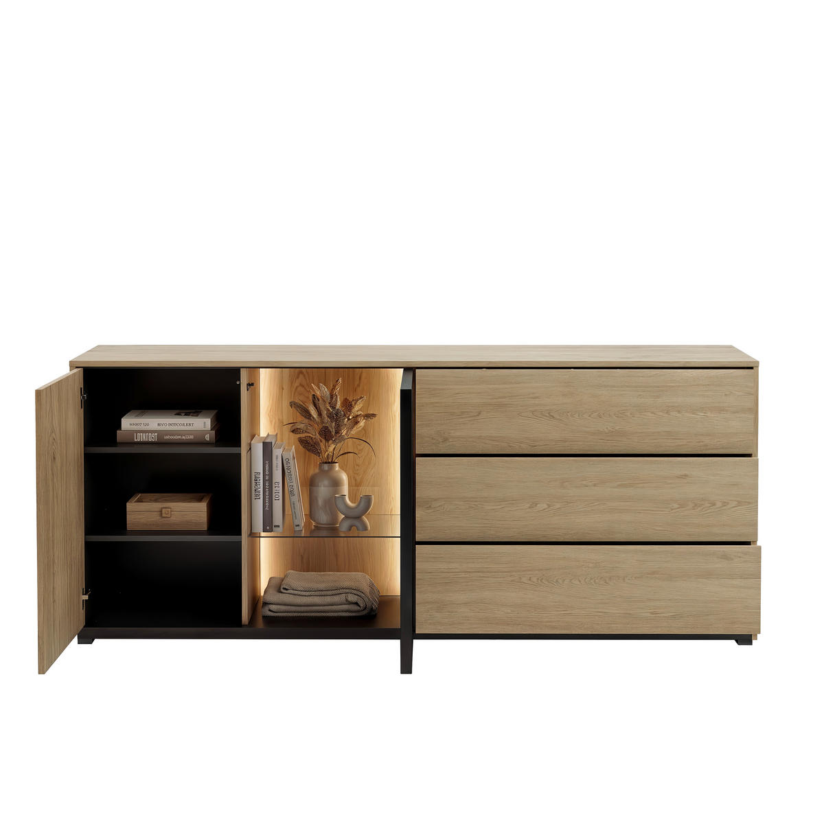 SIDEBOARD FRAME 195/82/40 cm 3 Schublade(n)  - Eichefarben/Schwarz, Modern, Glas/Holzwerkstoff (195/82/40cm) - Stylife