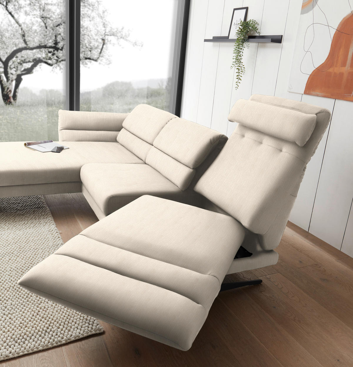 ECKSOFA in Flachgewebe Magnolie  - Magnolie/Schwarz, Design, Textil/Metall (176-217/279-327cm) - Dieter Knoll