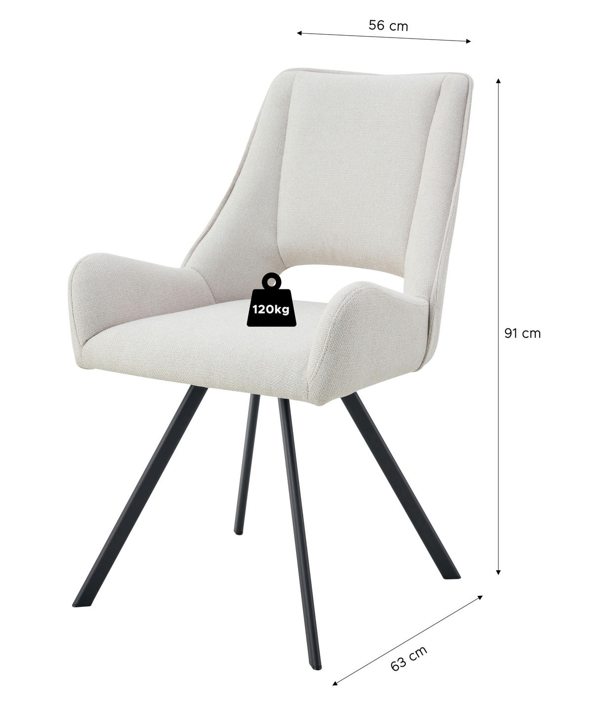 STUHL-SET 2 Stück  in Webstoff  - Creme/Schwarz, MODERN, Textil/Metall (56/91/63cm) - MID.YOU