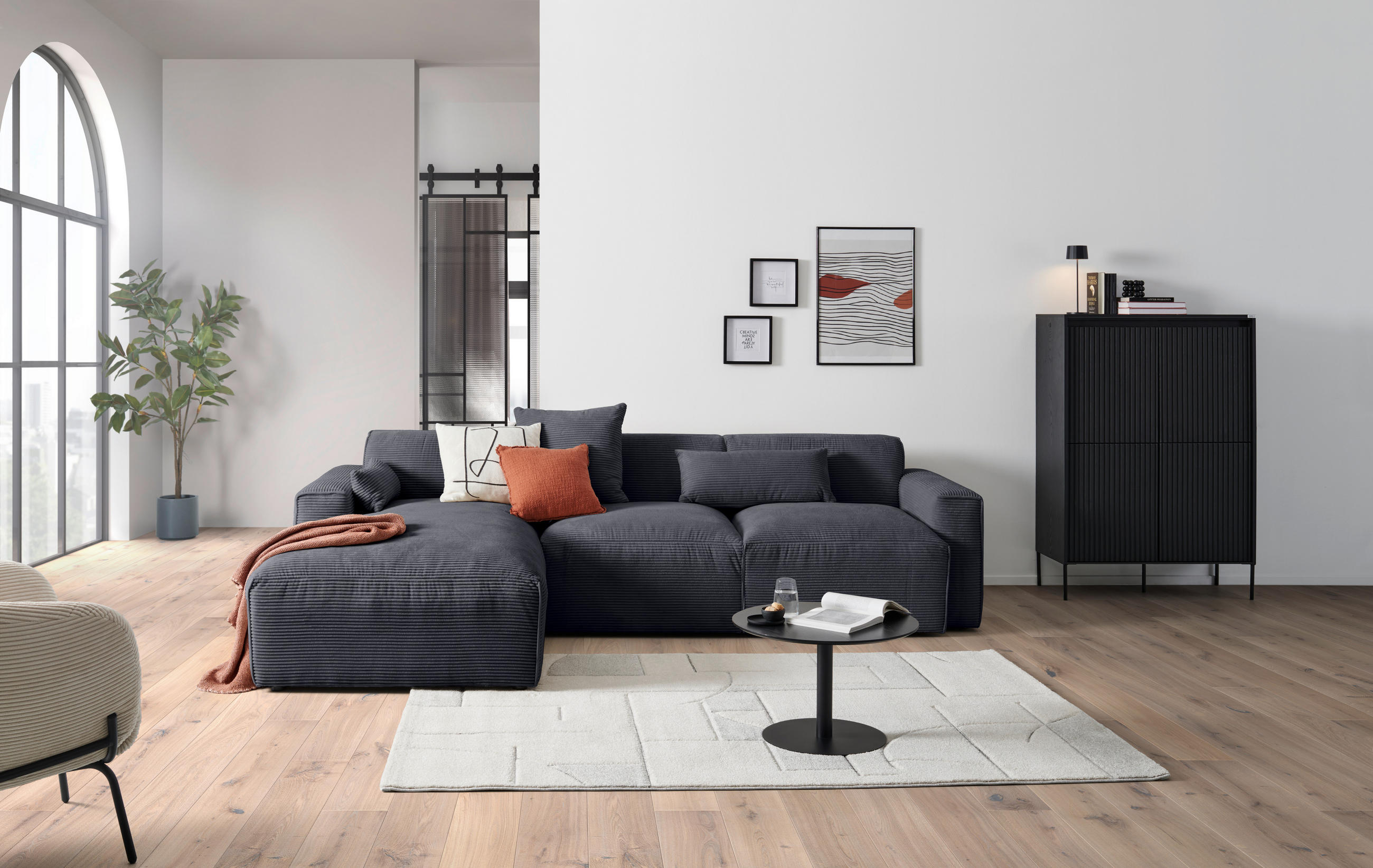 ECKSOFA Graphitfarben Cord  - Schwarz/Graphitfarben, Design, Kunststoff/Textil (196/303cm) - Livetastic