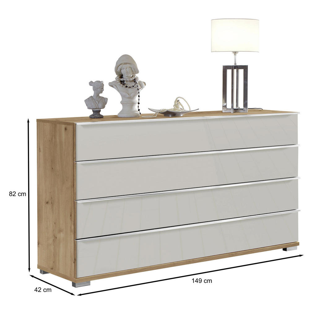 Thumbnail - Venda Sideboard, Champagner, Eiche Bianco, Metall, 4 Schubladen, 149x82x42 cm, Goldenes M, Made in Germany, Typenauswahl...