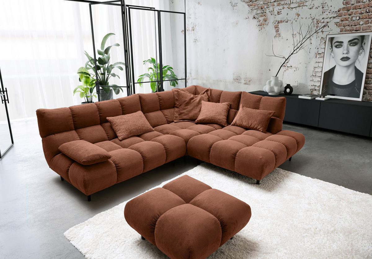 ECKSOFA Ottomane rechts, Eckteil  Rostfarben Feincord  - Rostfarben/Schwarz, Design, Holz/Textil (288/215cm) - Pure Home Lifestyle