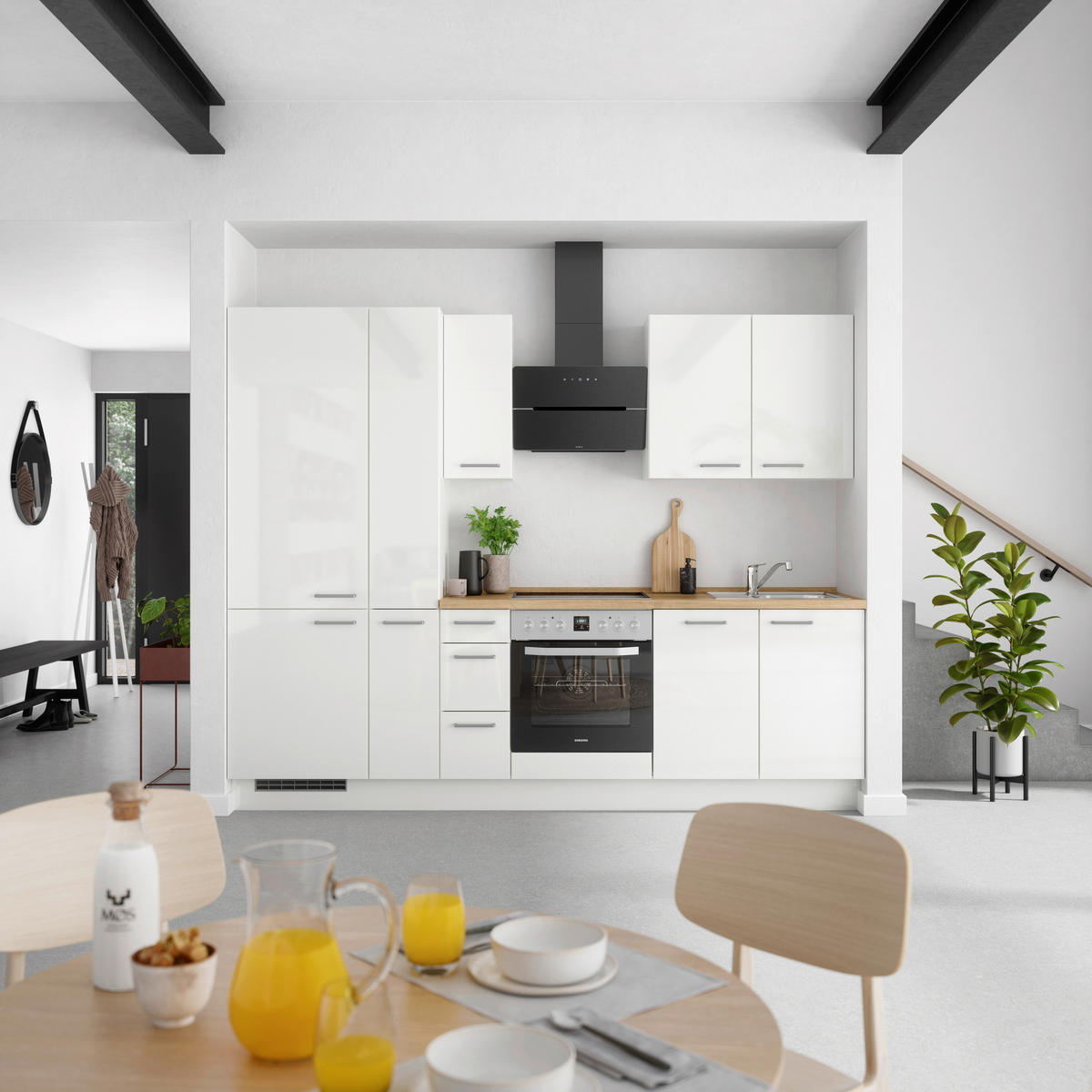 KÜCHENLEERBLOCK 270 cm   in Eichefarben, Weiß Hochglanz  - Edelstahlfarben/Eichefarben, MODERN, Holzwerkstoff/Metall (270cm) - Nobilia