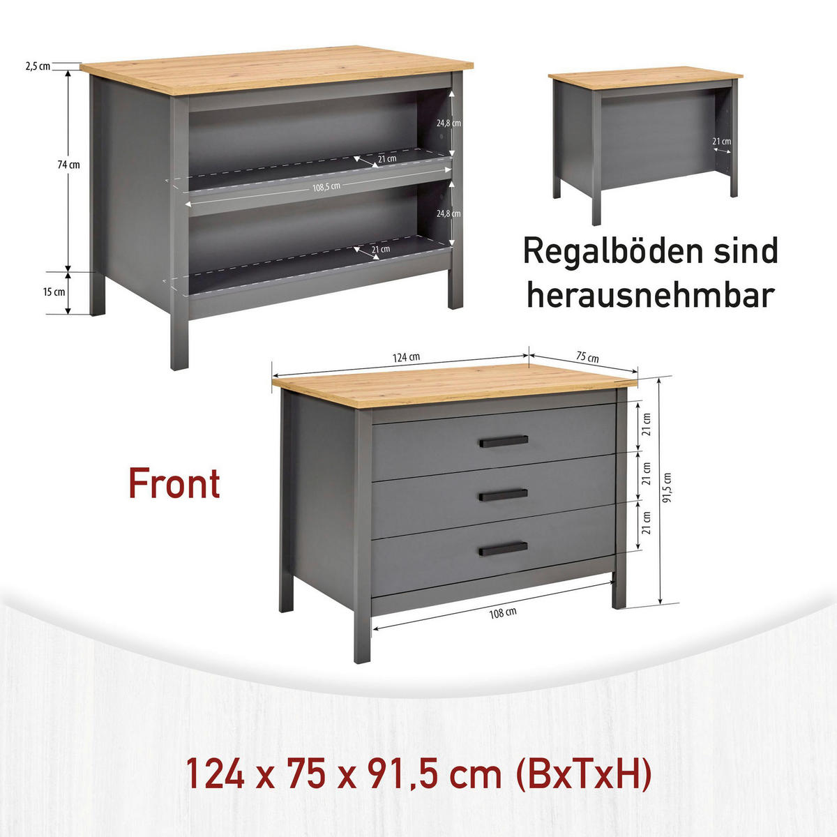 KÜCHENINSEL   in Anthrazit, Eiche Artisan  - Anthrazit/Schwarz, MODERN, Holzwerkstoff/Metall (124/91/75cm) - home24