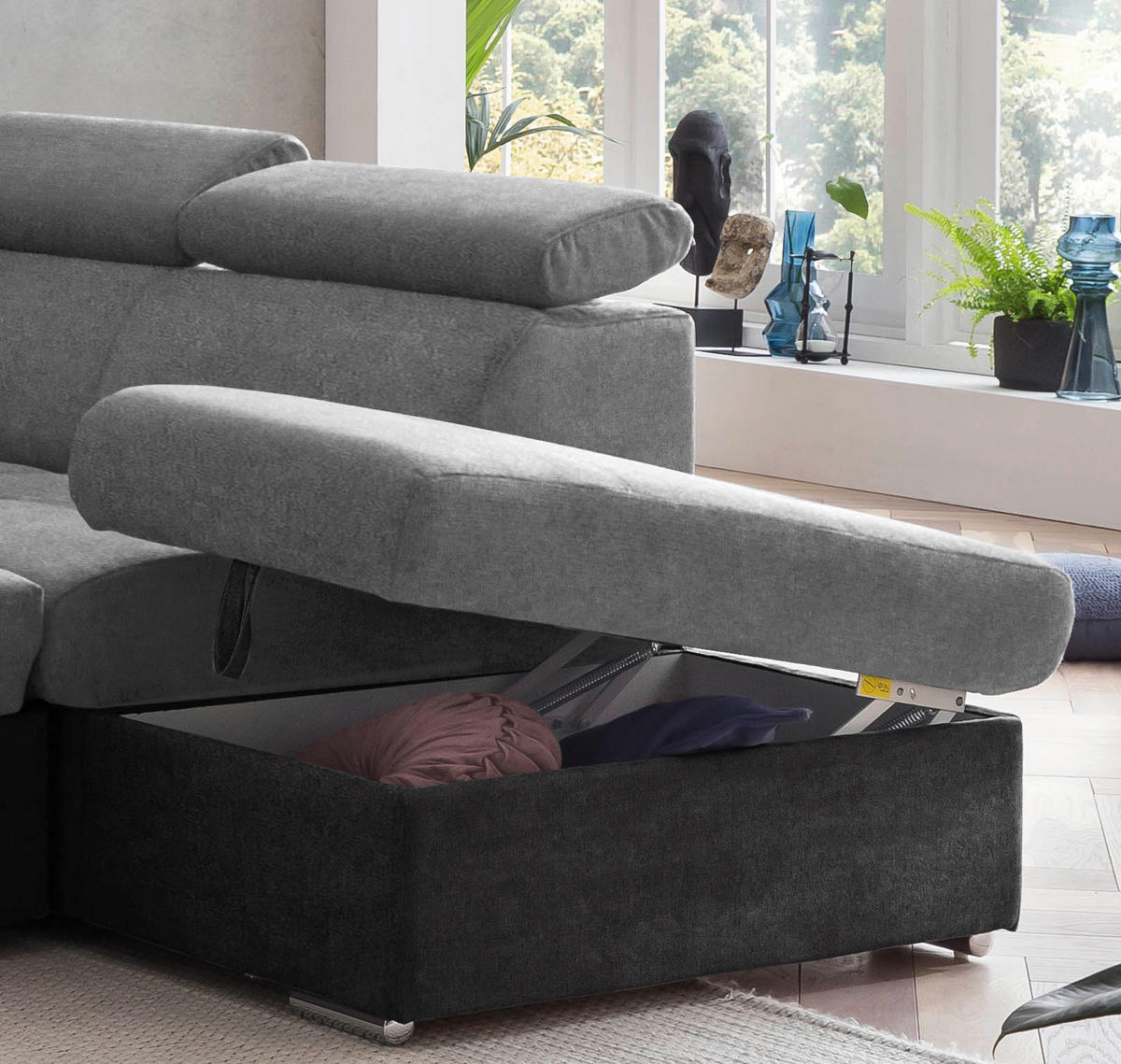 ECKSOFA in Mikrofaser Grau, Schwarz  - Chromfarben/Schwarz, Design, Textil/Metall (262/216cm) - Livetastic