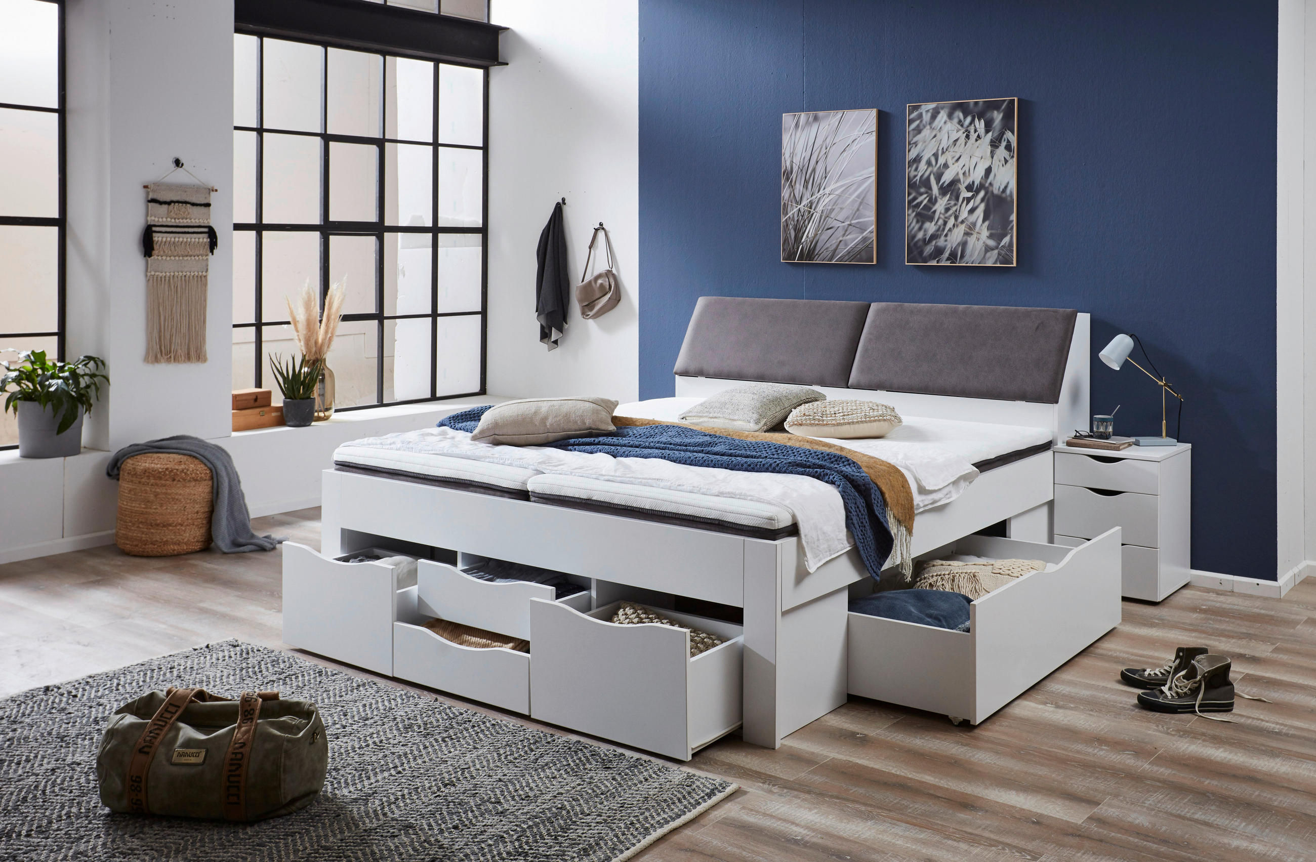 STAURAUMBETT 180/200 cm  in Weiß  - Weiß/Grau, KONVENTIONELL, Holzwerkstoff (180/200cm) - Boxxx