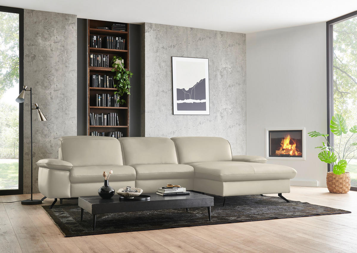 ECKSOFA  Echtleder Ecru  - Ecru/Schwarz, Design, Leder/Metall (307/169cm) - Beldomo Premium