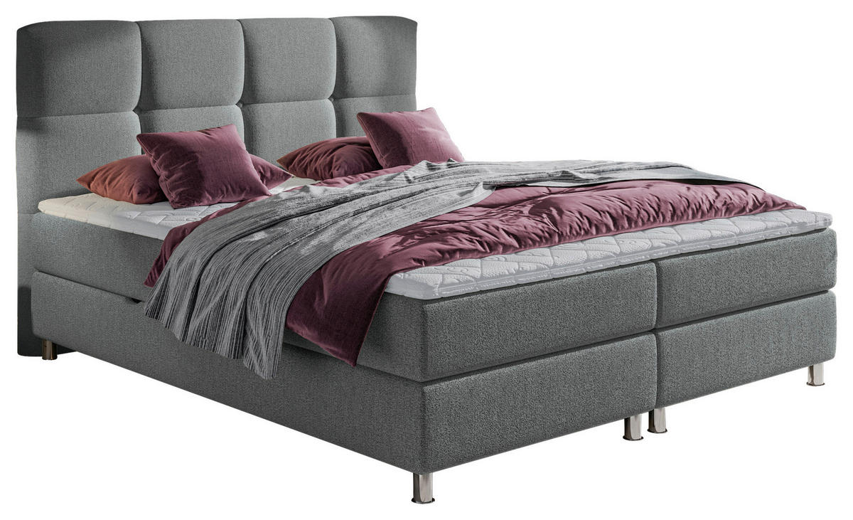 BOXBETT 160/200 cm,  in Grau, Matratze, gepolstertes Kopfteil, Bettkasten, Topper, H3 = fest  - Chromfarben/Grau, Design, Textil/Metall (160/200cm) - Ti'me