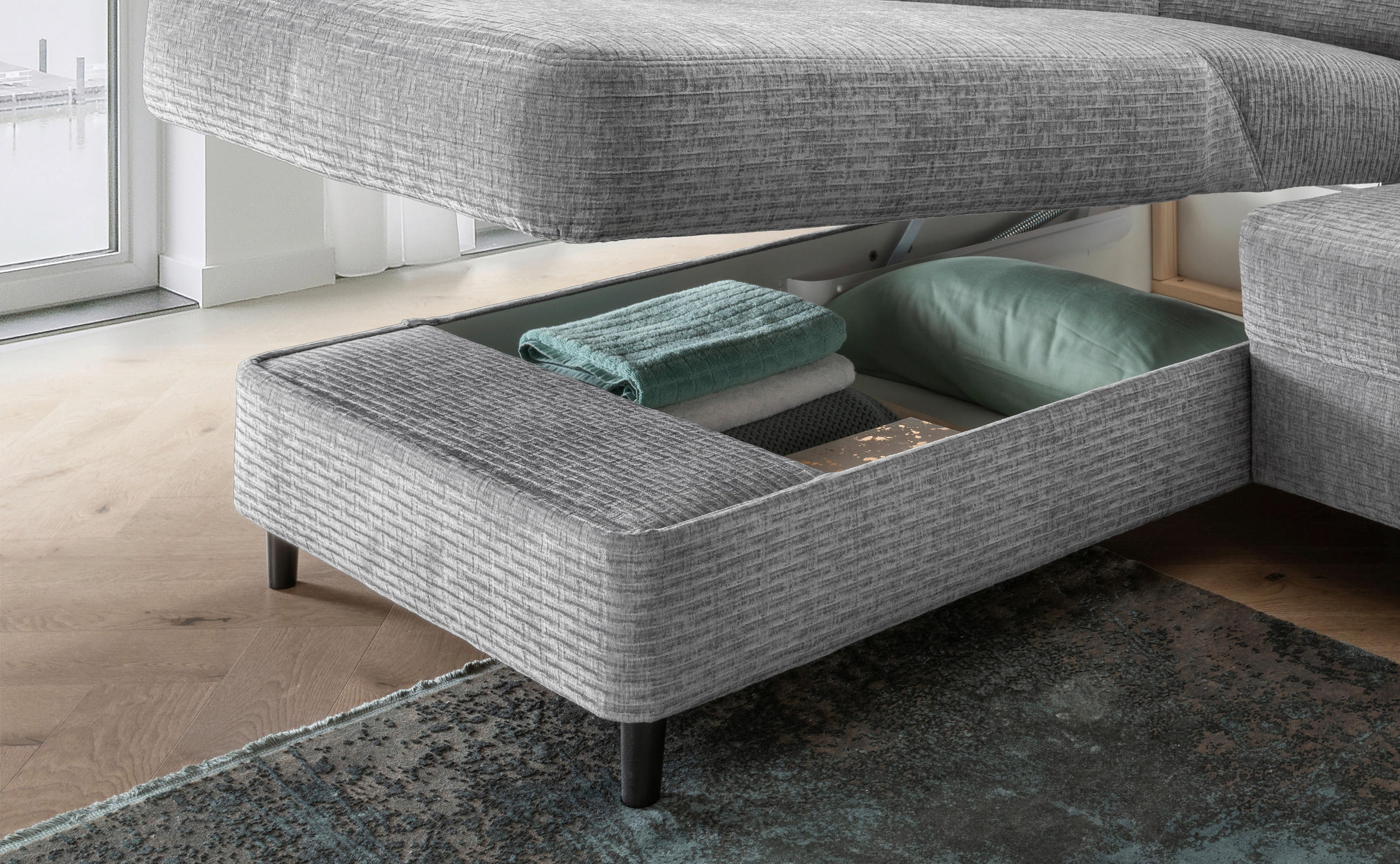 Thumbnail - Livetastic Ecksofa, Grau, Textil, Buche, 5-Sitzer, Ottomane links, L-Form, 279x176 cm, Made in EU, Schlafen auf Sitzhöhe...