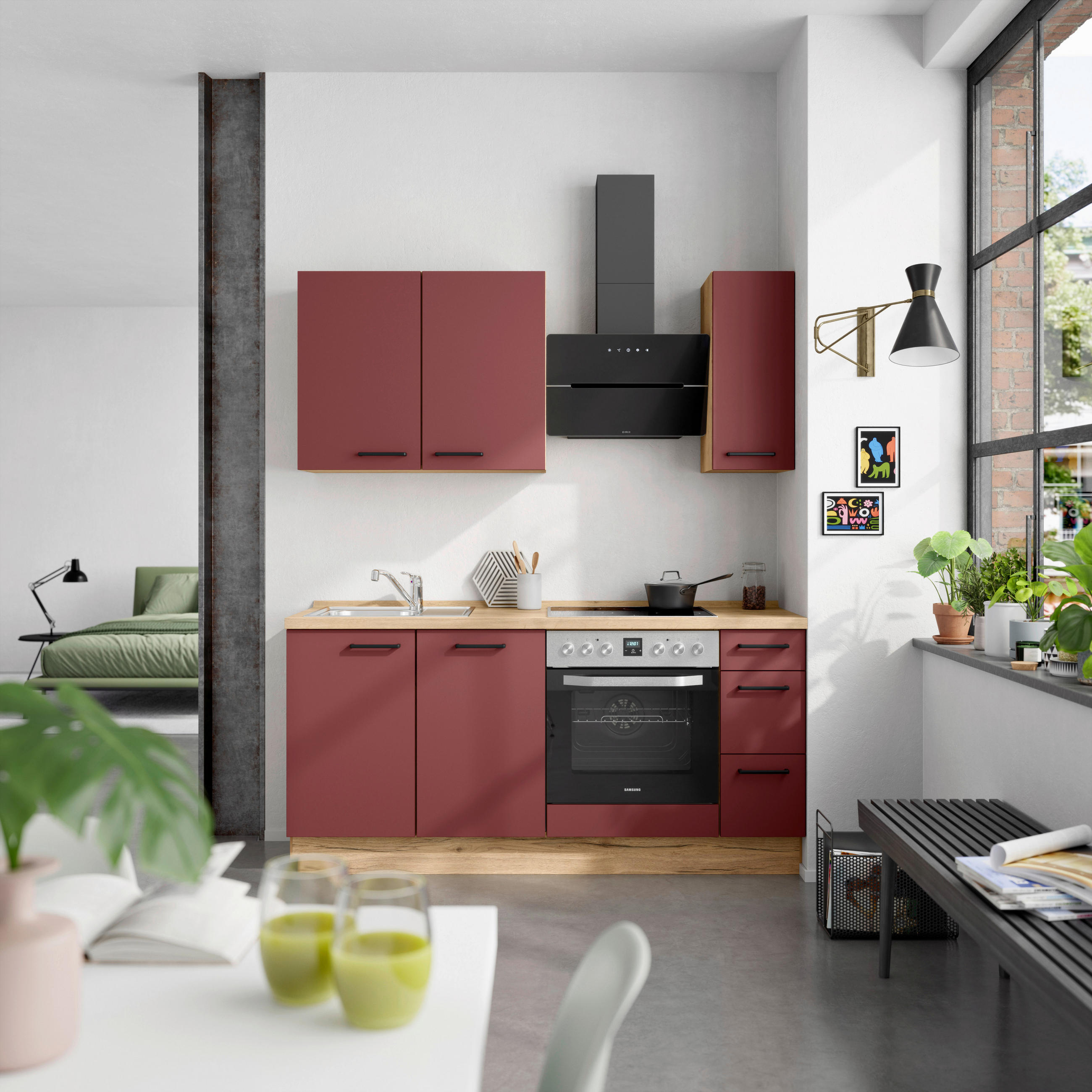 KÜCHENLEERBLOCK 180 cm   in Rot, Eichefarben  - Eichefarben/Rot, MODERN, Holzwerkstoff/Metall (180cm) - Nobilia
