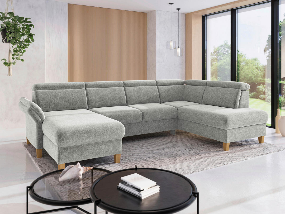 WOHNLANDSCHAFT GLENDALE E Hellgrau Flachgewebe  - Eichefarben/Hellgrau, KONVENTIONELL, Holz/Textil (166/321/193cm) - Sit & More