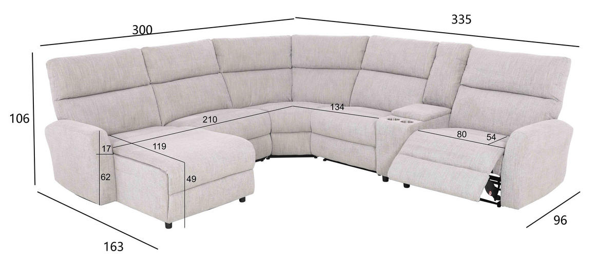 WOHNLANDSCHAFT Ottomane links, Eckteil  Hellgrau Webstoff  - Hellgrau/Schwarz, KONVENTIONELL, Kunststoff/Textil (300/106/335cm) - MID.YOU